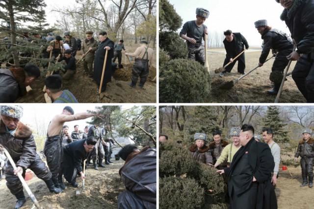 朝鮮人民軍航空・対空軍第４４７軍部隊を訪問して植樹を行う金正恩氏