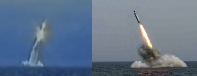 左が公開された動画のキャプチャー画像で右が労働新聞に掲載された潜水艦ミサイル画像