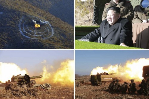 朝鮮人民軍の砲撃競技を視察する金正恩氏（2016年1月5日付労働新聞より）
