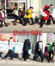 2016年3月12日朝に撮影した、中国丹東の北朝鮮レストランレストランの従業員が集団で出勤する様子（画像：デイリーNKソル・ソンア記者）