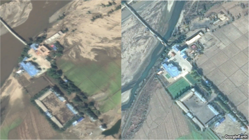 会寧（フェリョン）市近隣の中朝国境（左）。橋の下まで水位が上昇し、田畑には土砂が堆積している。右は昨年10月の画像（画像：Google Earth）