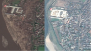咸鏡北道茂山の水害前（右）と後（左）の衛星写真。川沿いの住宅地が跡形もなく消え去っている様子がわかる（画像：Google Earth）