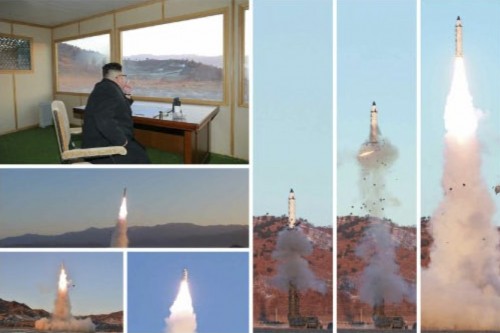 地対地中･長距離戦略弾道ミサイル「北極星2」型の試射を現地指導した金正恩氏（2017年3月13日付労働新聞より）