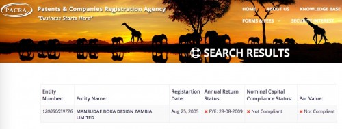 ザンビア政府の企業、特許情報ページに登録されている万寿台（マンスデ）ボカ・デザイン・ザンビア社の情報。