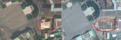 昨年10月5日には存在していた人民保安省の建物（左）。4月25日には跡形もなく取り壊されたことがわかる（画像：Google Earth）