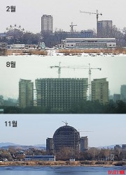 新義州で建設が進められているホテルの今年2月、8月、11月の状況（画像：デイリーNK）