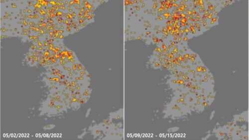 米海洋大気庁（NOAA）が作成した、北朝鮮の５月上旬から中旬にかけての干ばつ指数マップ（NOAA提供）