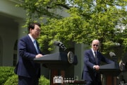 米韓首脳の共同記者会見（韓国大統領室提供）