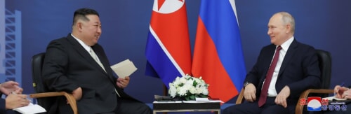 金正恩氏とプーチン氏が首脳会談を行った（2023年9月14日付朝鮮中央通信）